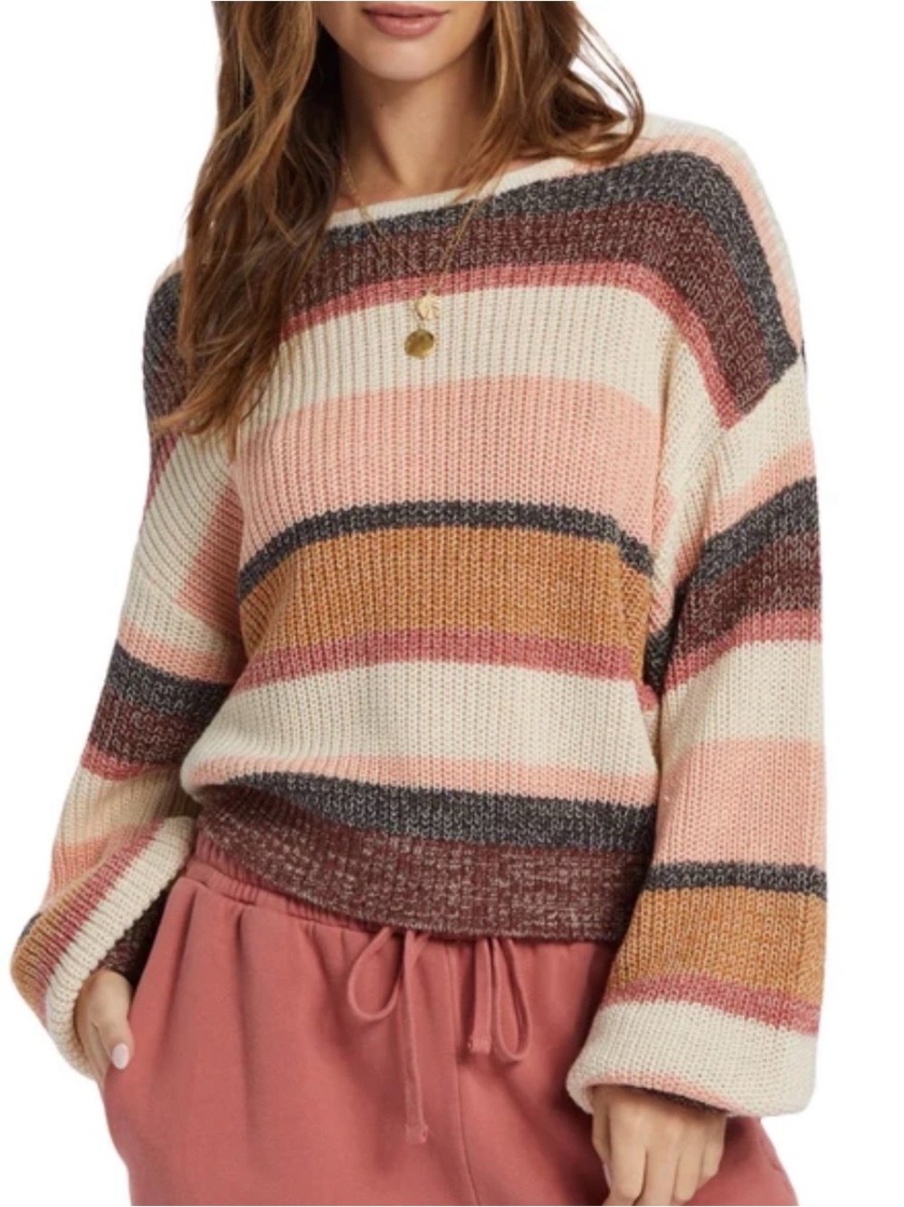 Billabong Striped Crew Sweater in Pink, Cream, Rust & Charcoal